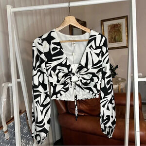 NWT - Caroline Constas Black & White Abstract Print Drawstring Top, Size S